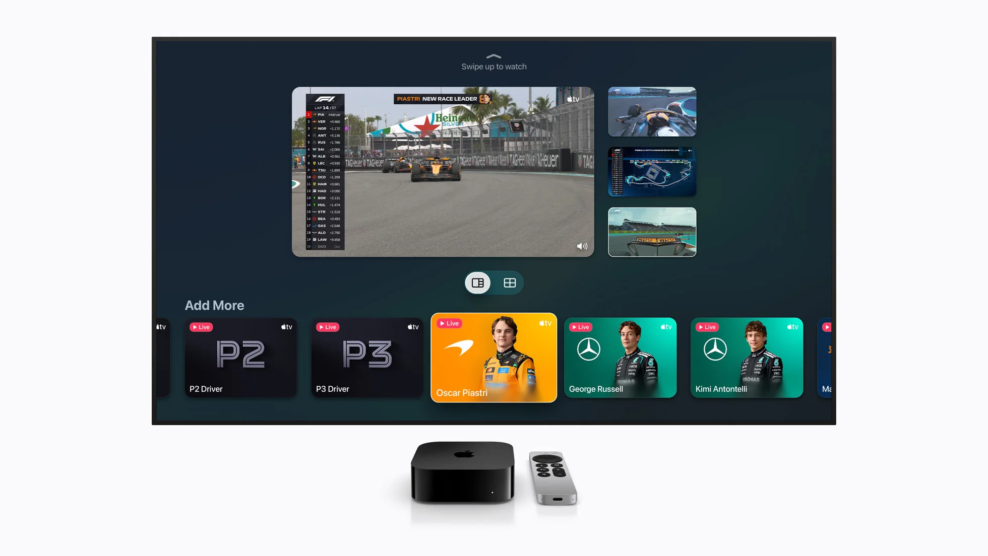 Apple TV Formula 1 Multiview showing a race feed, driver cameras and track data