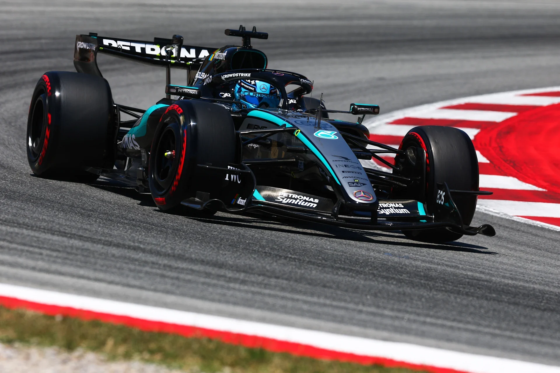 George Russell driving the Mercedes during 2026 Barcelona-Catalunya qualifying