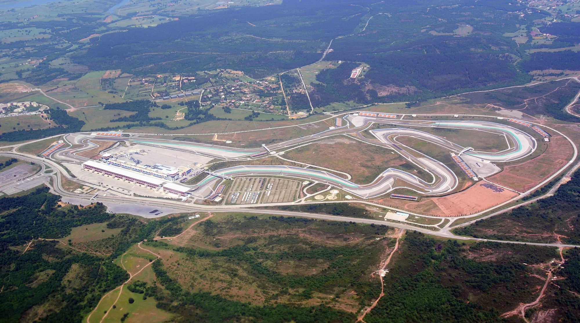 Aerial view of the full Istanbul Park racing circuit and pit complex
