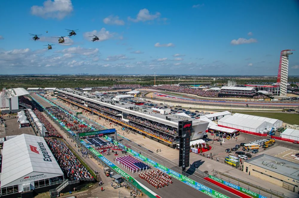 Aerial view of the COTA pit straight, grandstands, observation tower and crowded circuit campus