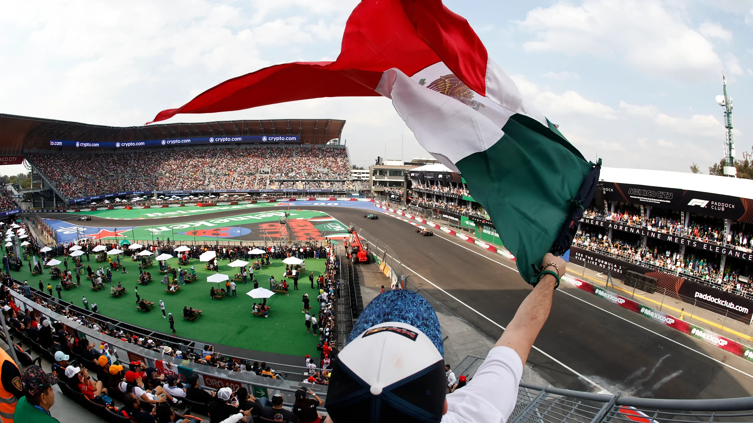 Packed Formula 1 stadium grandstands at the Mexico City Grand Prix