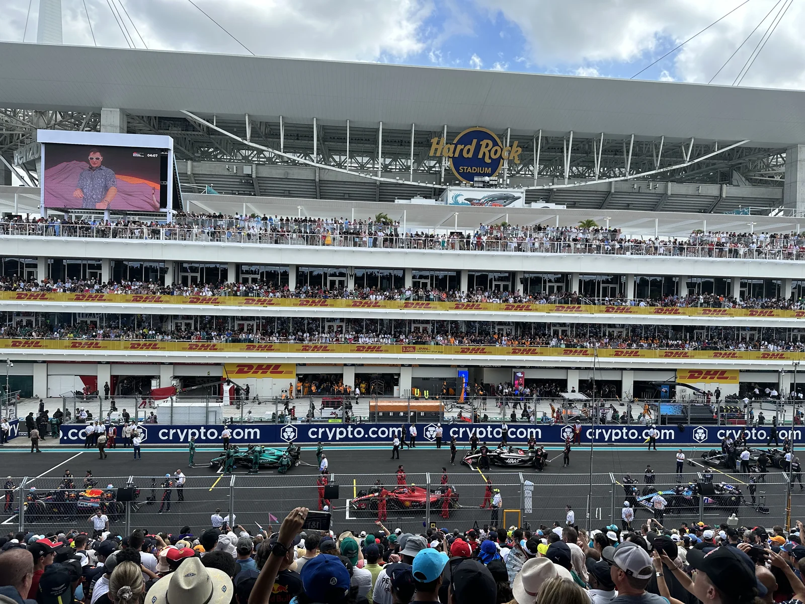 Miami Grand Prix grid and paddock in front of Hard Rock Stadium