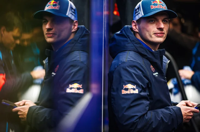 Max Verstappen seated inside the Nürburgring paddock during the 2026 24-hour event