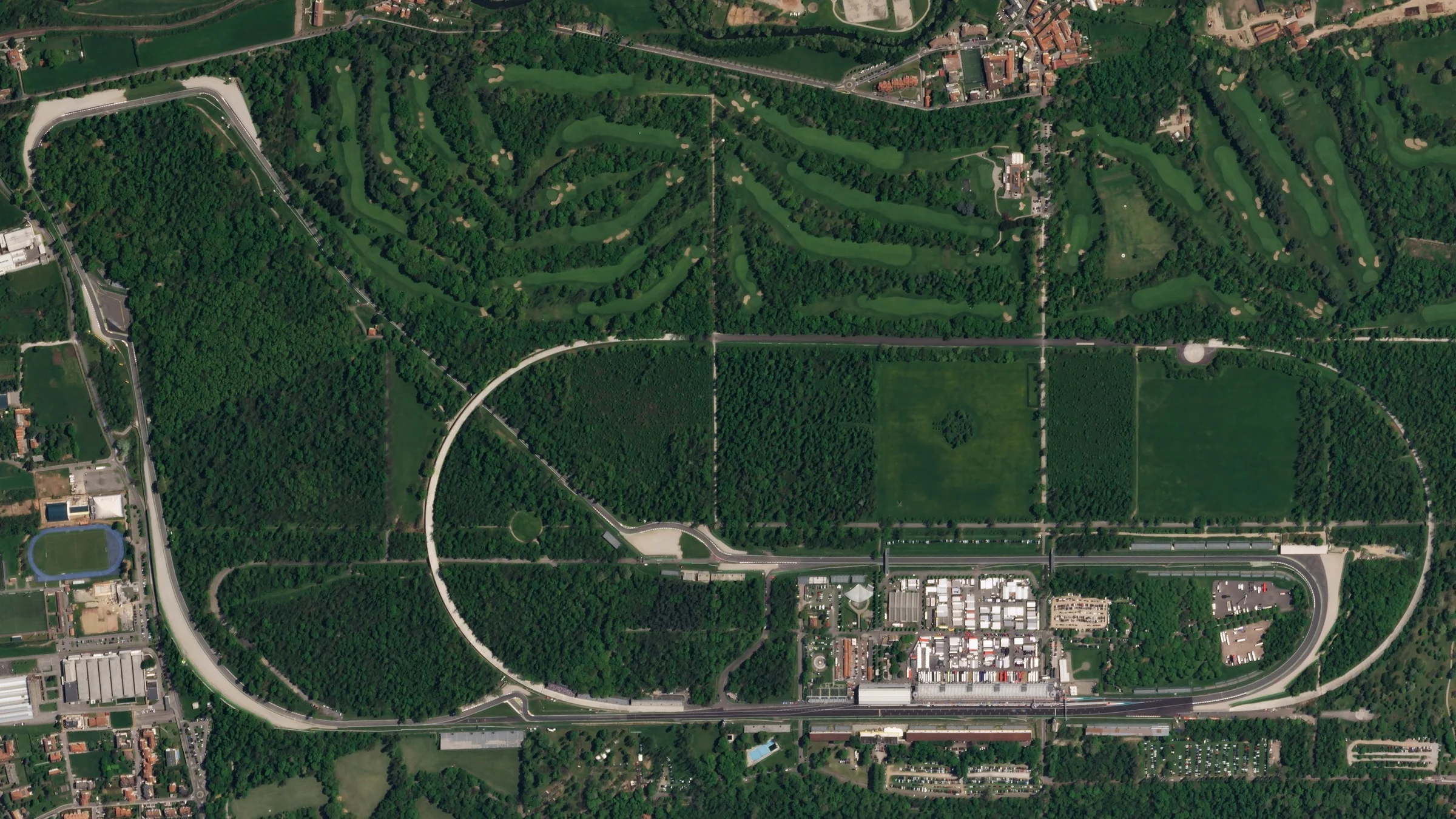 Aerial view showing the Grand Prix circuit and historic oval within Monza Park