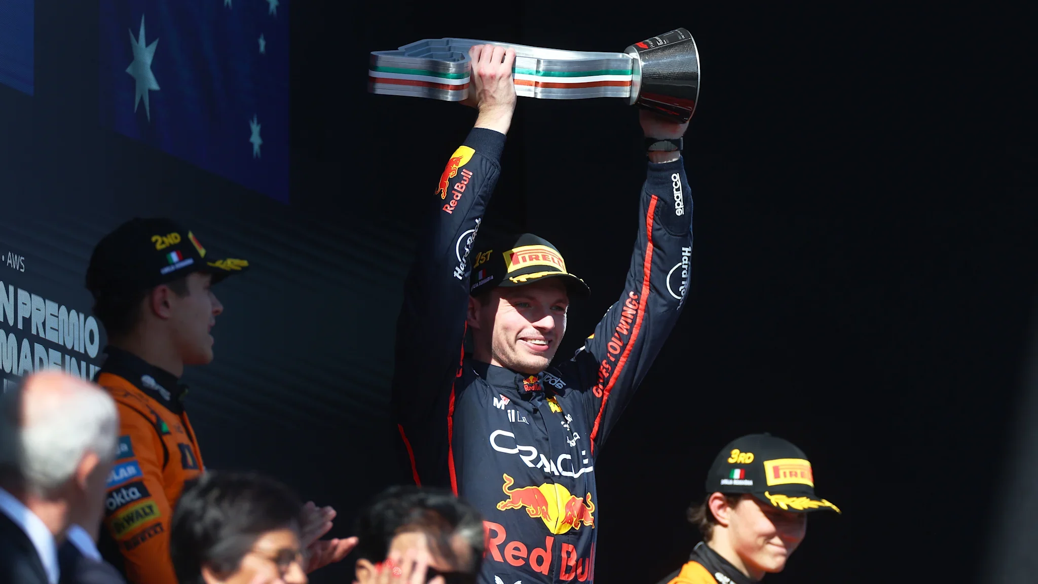 Max Verstappen lifts the Imola winner's trophy after the 2025 Emilia-Romagna Grand Prix