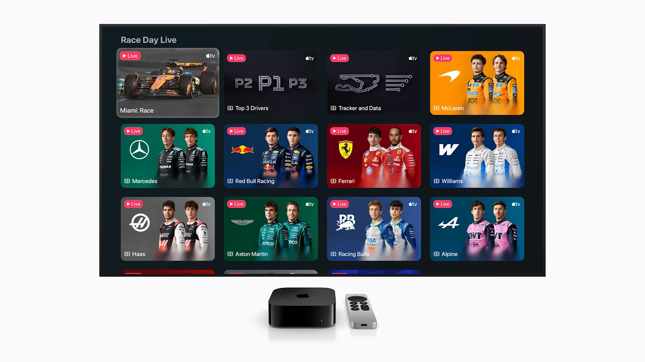 Apple TV Formula 1 Race Day Live multiview interface with team and data feeds
